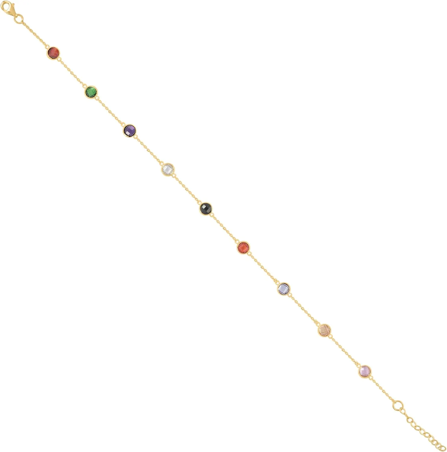 10K Yellow Gold Multi-Color CZ Womens Round Charm Cable Anklet 9"   1" Extension