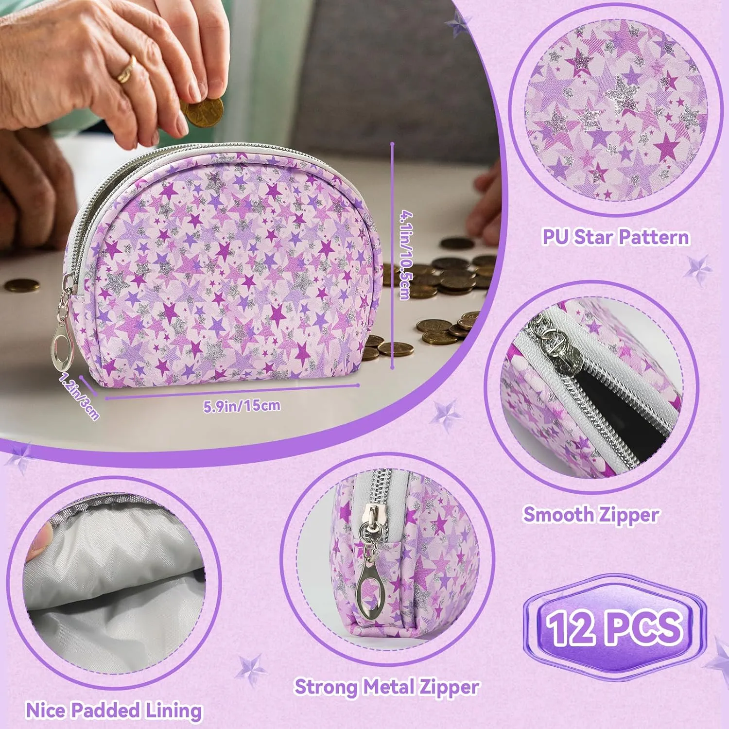 12 Pieces Mini Makeup Bags, Waterproof Small Cosmetic Pouch with Zipper for Travel Toiletry Bag Portable Organizer Storage Purse for Women (Purple)