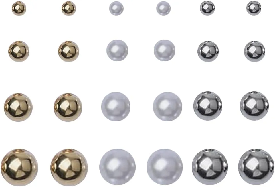 12Pair Pearl Stud Earrings for Women Girls Hypoallergenic Pearl Ball Earrings White Round Earring Big Small Earrings Set