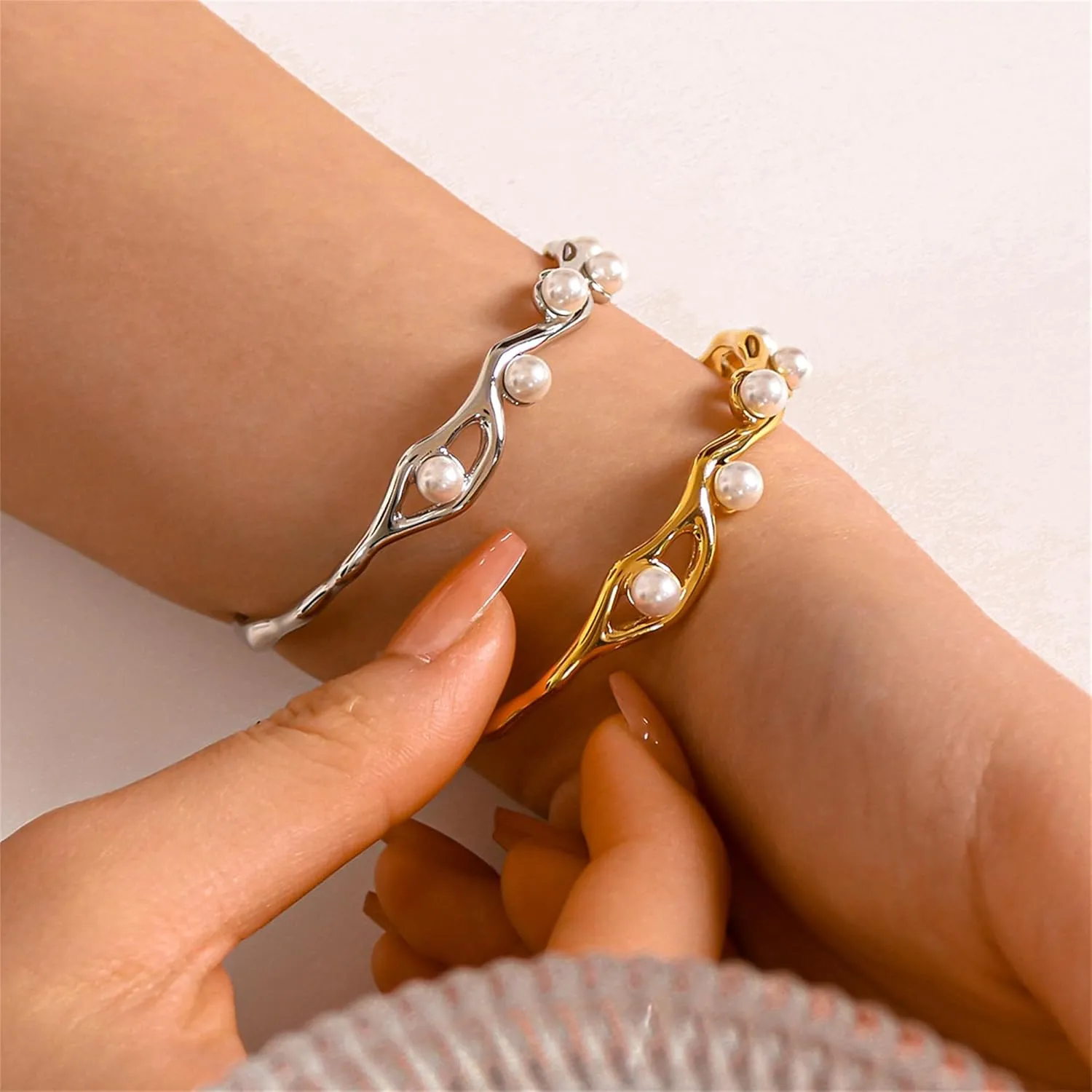14K Gold / 925 Silver Bracelets for Women Men Statement Adjustable Open Bangle Bracelets Simple Minimalist Cuff Bracelets Cool Stainless Steel Jewelry Birthday Halloween Christmas Gifts for Women Men