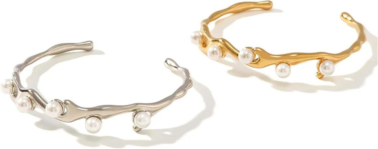 14K Gold / 925 Silver Bracelets for Women Men Statement Adjustable Open Bangle Bracelets Simple Minimalist Cuff Bracelets Cool Stainless Steel Jewelry Birthday Halloween Christmas Gifts for Women Men