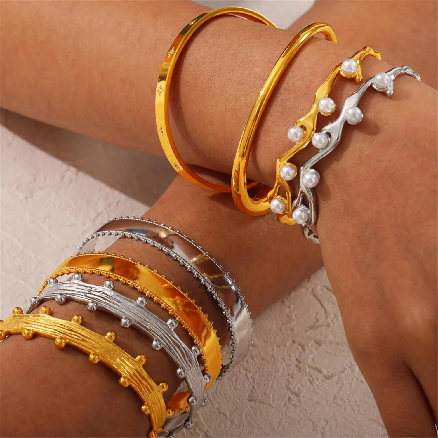 14K Gold / 925 Silver Bracelets for Women Men Statement Adjustable Open Bangle Bracelets Simple Minimalist Cuff Bracelets Cool Stainless Steel Jewelry Birthday Halloween Christmas Gifts for Women Men