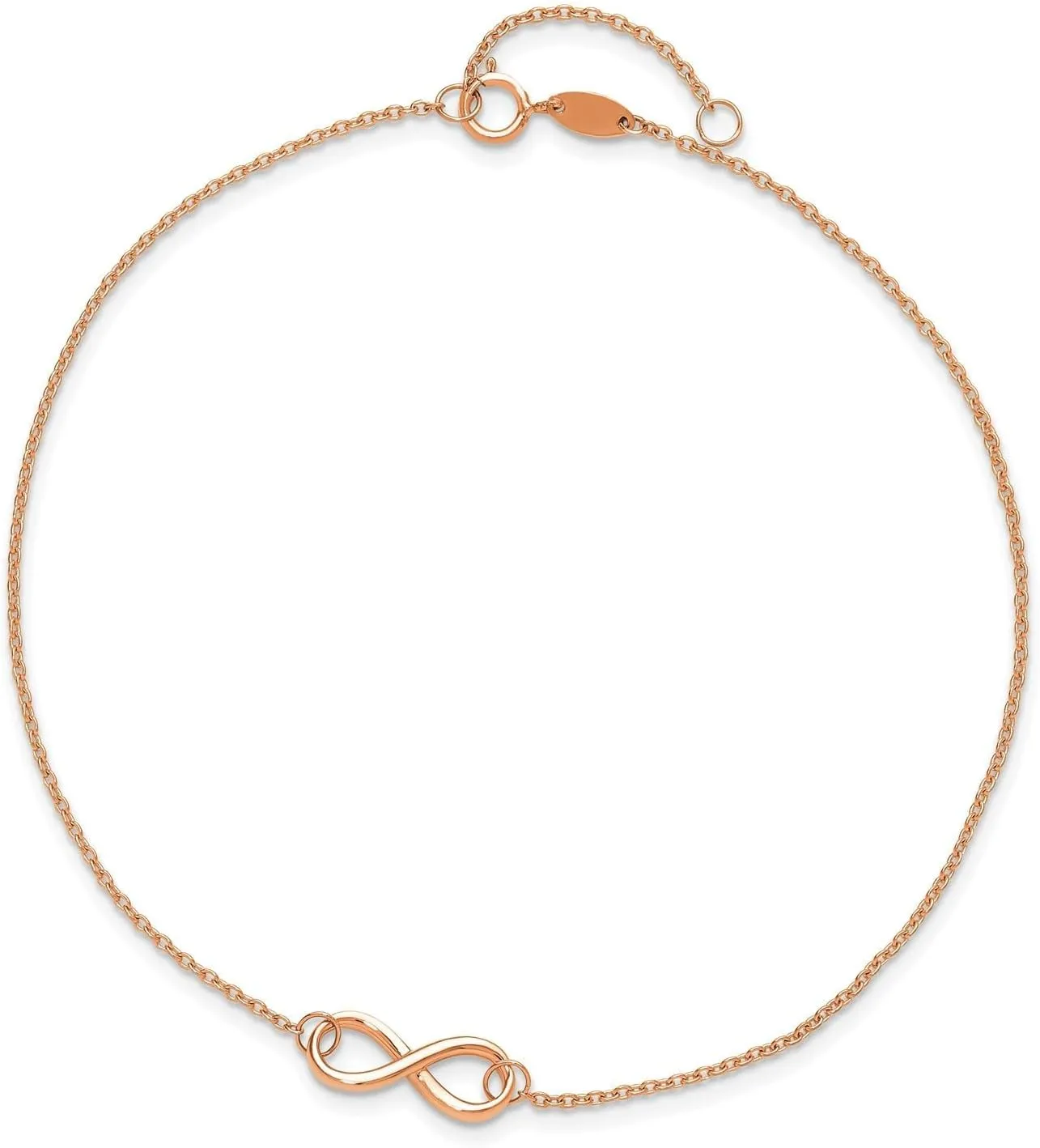 14k Real Solid Gold High Polished Infinity Charm Anklet, 9-10 in Adjustable (Rose Gold, 14K)