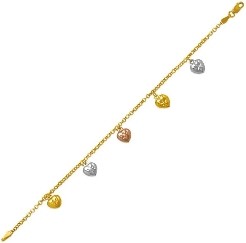 14K Tricolor Gold Diamond Cut Heart Charm Bracelet Anklet - Ankle Bracelets - Pretty Foot Jewelry Gift for Women and Her - Summer or Winter Beach Barefoot Due Anklet - 7" to 10" Length