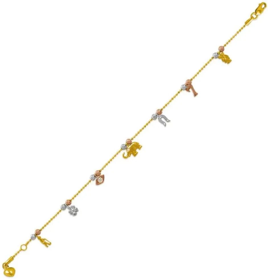 14K Tricolor Gold Lucky Charm Bracelet Anklet - Elegant 7 Flower Ankle - Pretty Foot Jewelry Gift for Women and Her - Summer or Winter Beach Barefoot Due Anklet - 7.5" to 10" Length