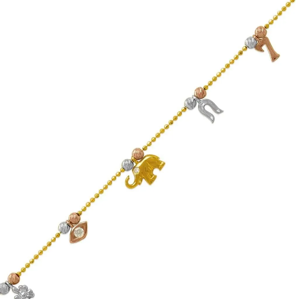 14K Tricolor Gold Lucky Charm Bracelet Anklet - Elegant 7 Flower Ankle - Pretty Foot Jewelry Gift for Women and Her - Summer or Winter Beach Barefoot Due Anklet - 7.5" to 10" Length