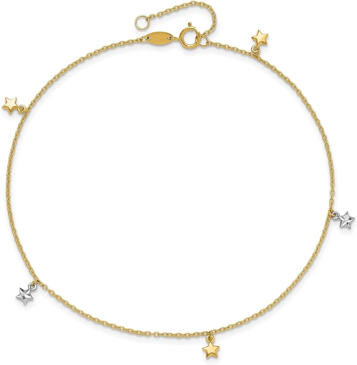 14K Two-tone Solid Gold High Polished Diamond Cut Star Charm Adjustable Anklet,10"