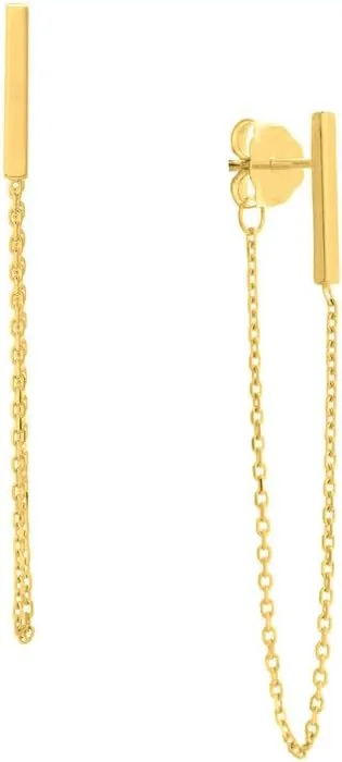 14k Yellow Gold Front Back Chain Staple Bar Earrings