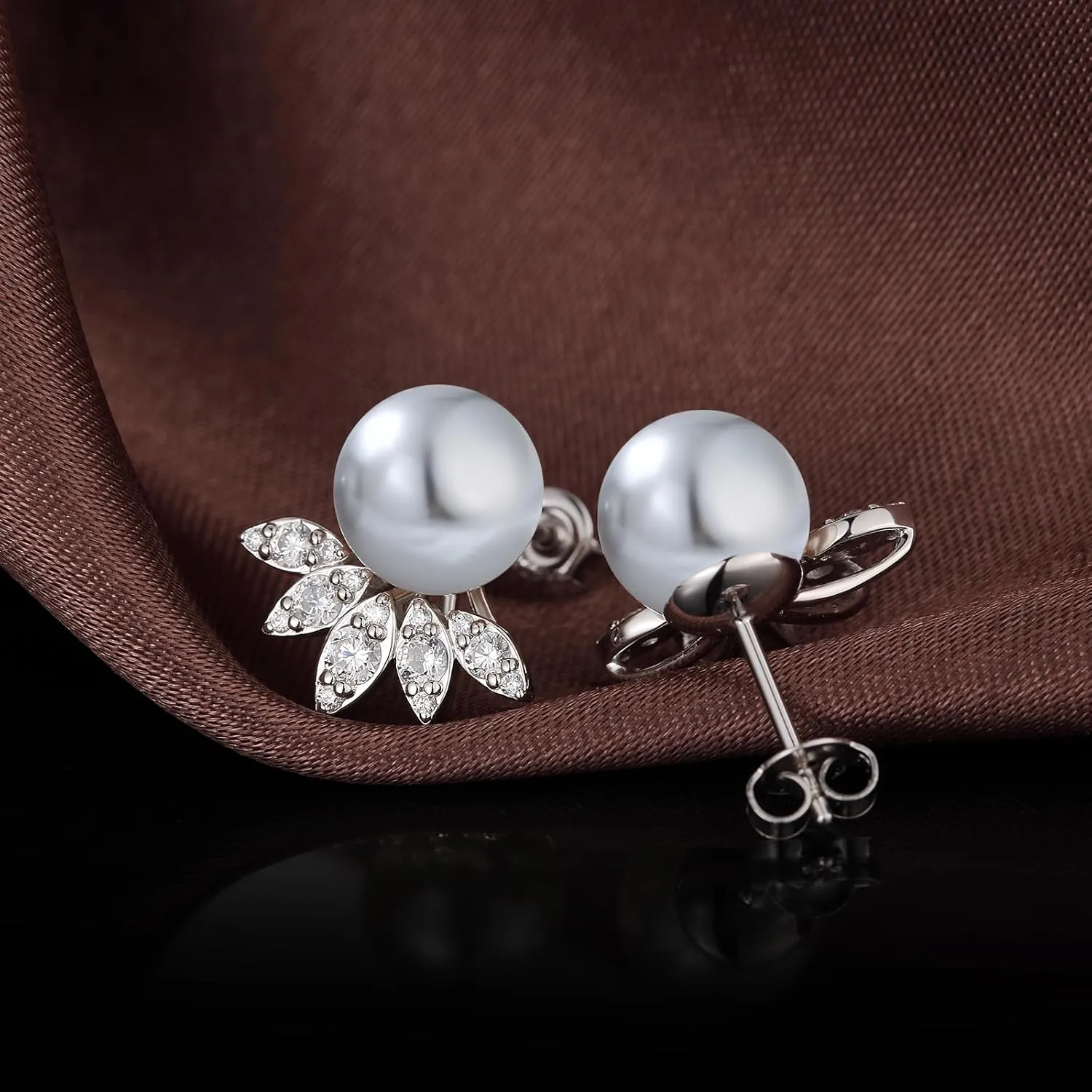 18K White Gold Plated Pearl Earrings for Women, 925 Sterling Silver Cubic Zirconia Diamond Pearl Stud Earrings White and Gray Pearl Jewelry 10MM-12MM, Pearl Jewelry Gift for Women