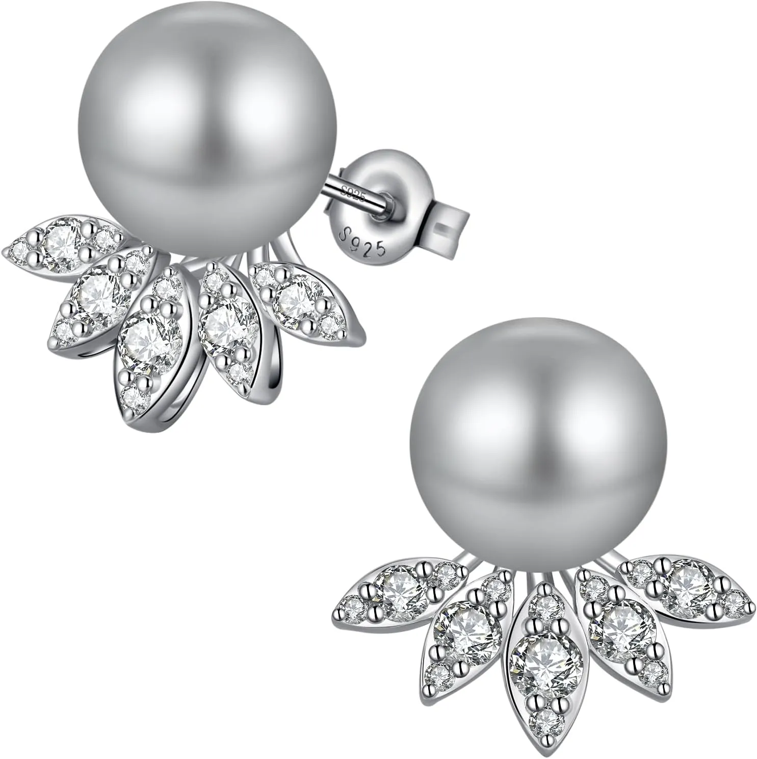 18K White Gold Plated Pearl Earrings for Women, 925 Sterling Silver Cubic Zirconia Diamond Pearl Stud Earrings White and Gray Pearl Jewelry 10MM-12MM, Pearl Jewelry Gift for Women