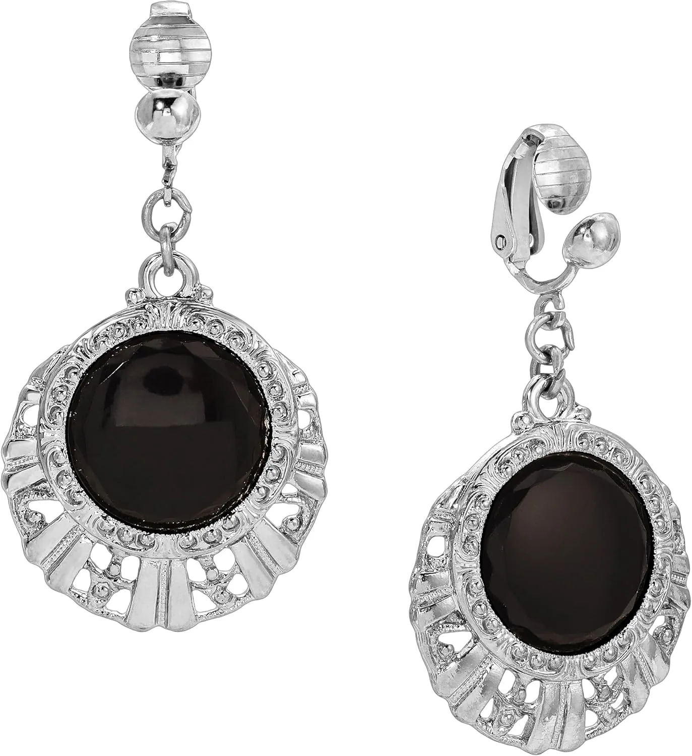 1928 Jewelry Black Round Stone Textured Clip On Earrings For Women, Non Piercing Ear Rings, Pierceless Snap On Made In USA