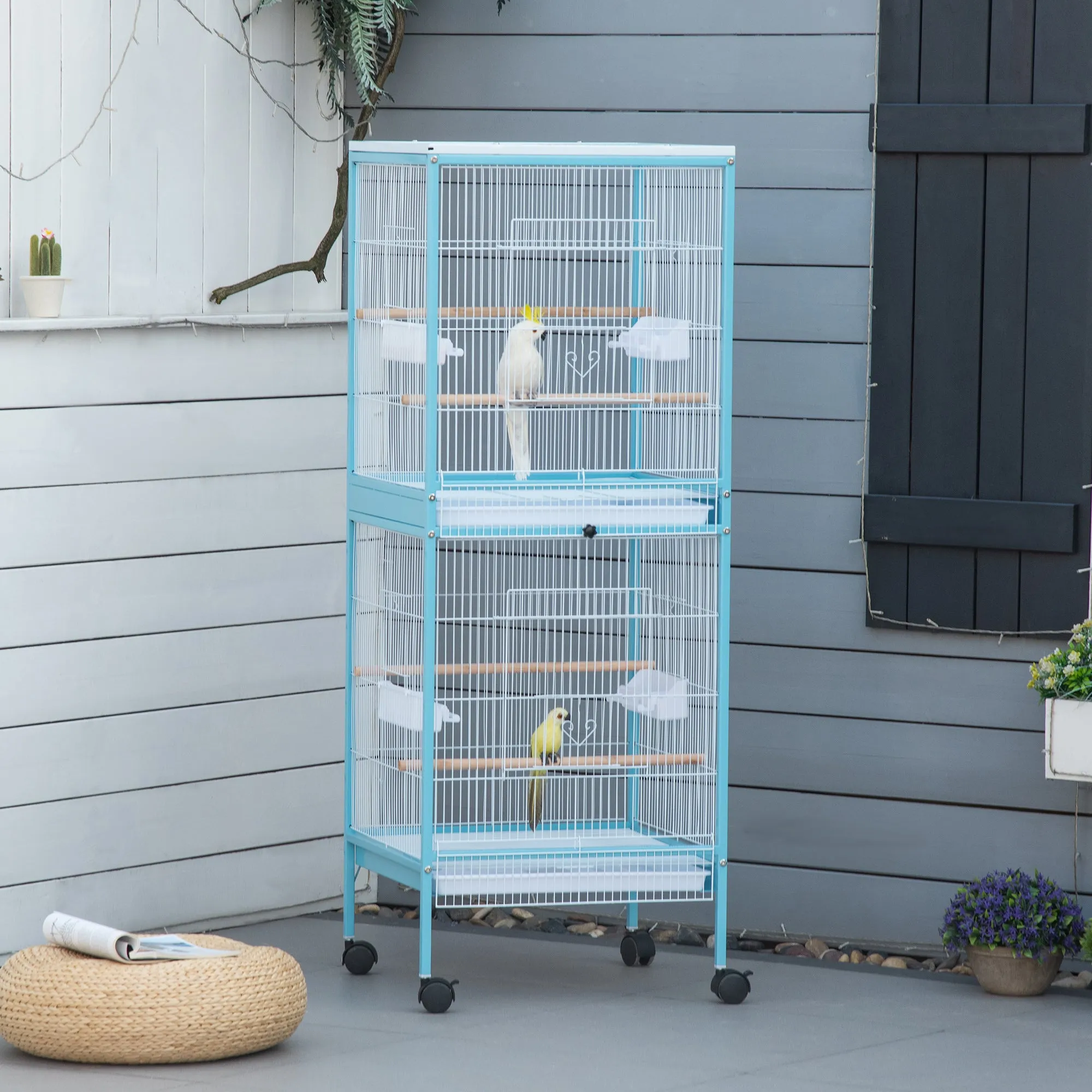 2 In 1 Large Bird Cage Budgie Cage with Stand Wheels Aviary for Finch Canaries Cockatiels Slide-out Trays Blue