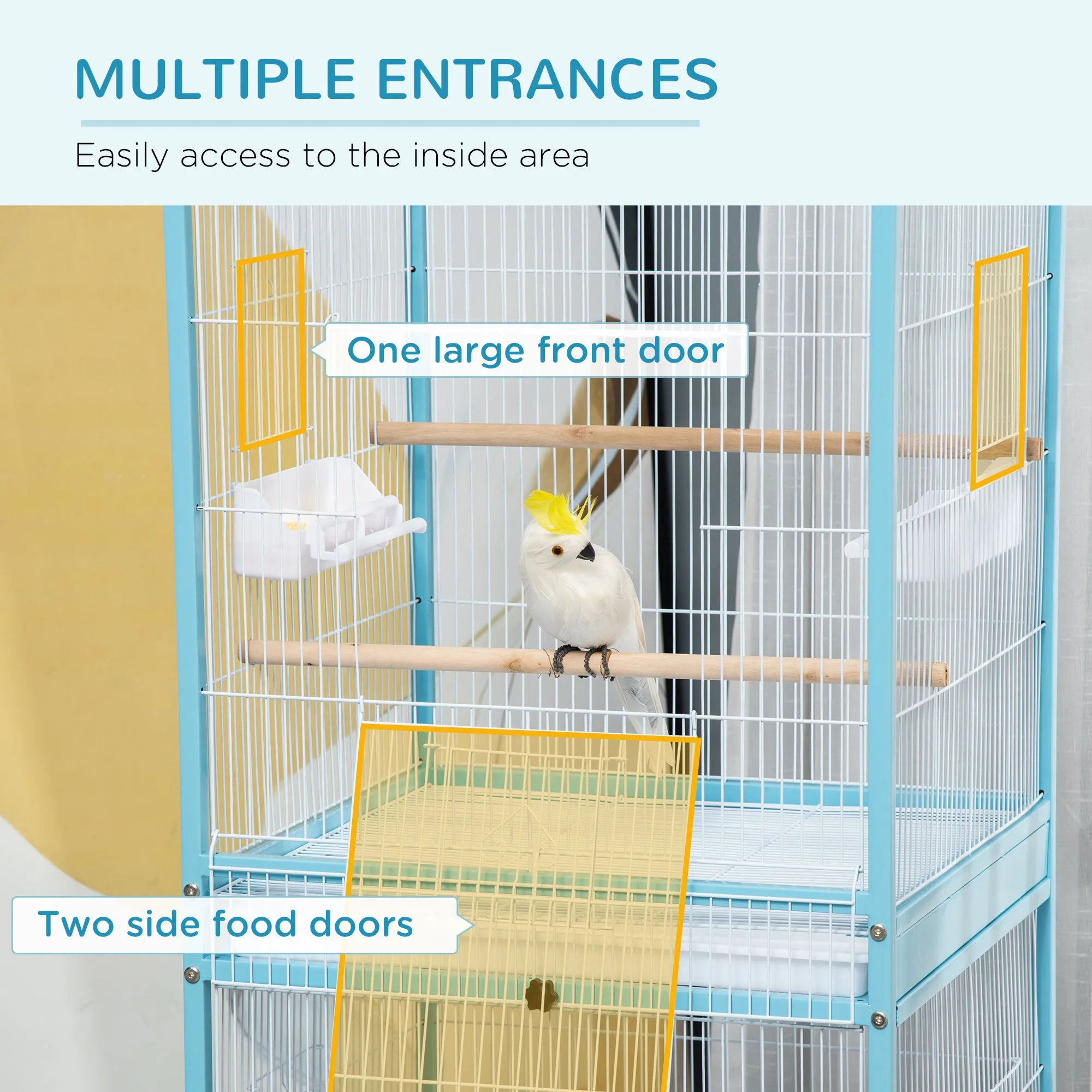 2 In 1 Large Bird Cage Budgie Cage with Stand Wheels Aviary for Finch Canaries Cockatiels Slide-out Trays Blue