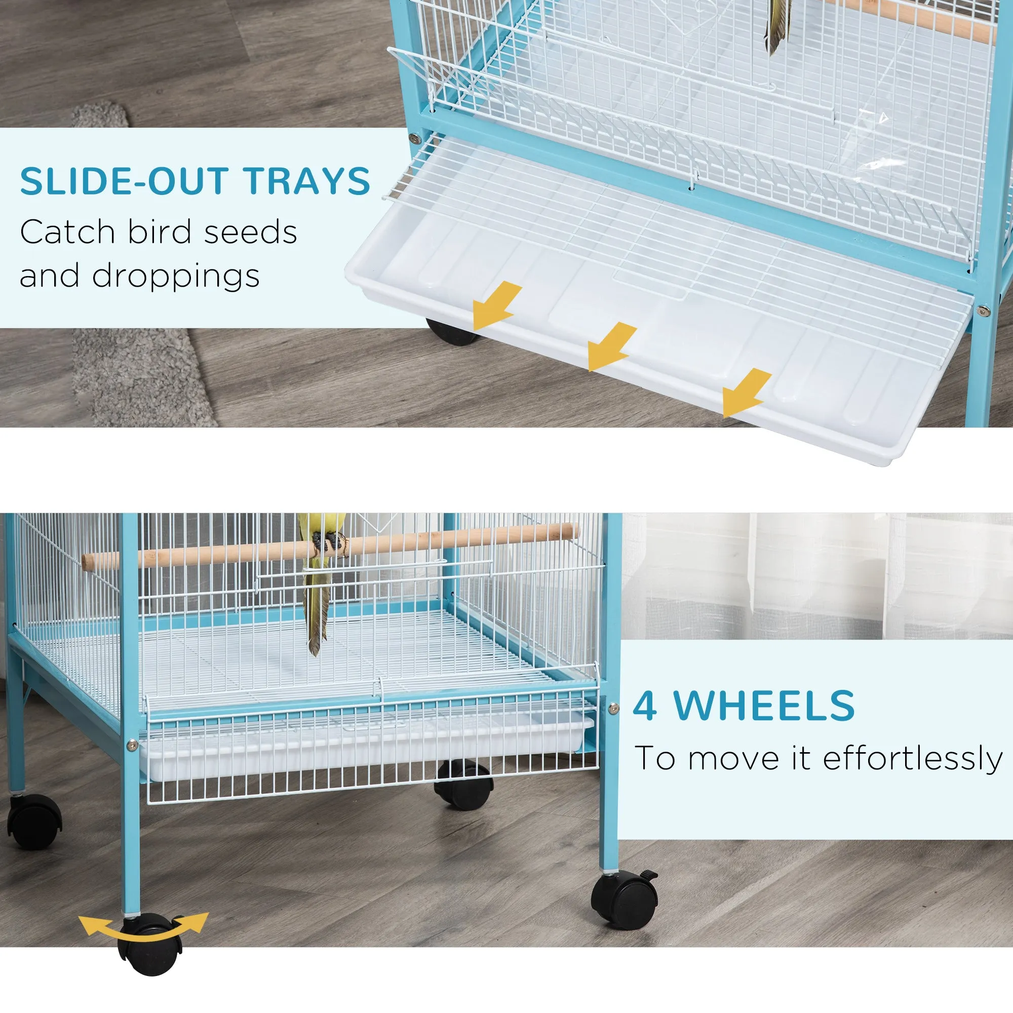 2 In 1 Large Bird Cage Budgie Cage with Stand Wheels Aviary for Finch Canaries Cockatiels Slide-out Trays Blue