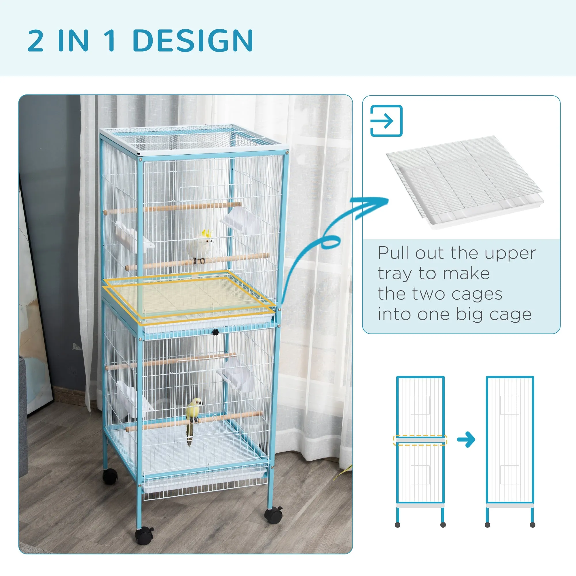 2 In 1 Large Bird Cage Budgie Cage with Stand Wheels Aviary for Finch Canaries Cockatiels Slide-out Trays Blue