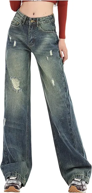 2024 Wide Leg Jeans for Women High Waist Stretchy Denim Capri Pants Fold Hem Cropped Baggy Denim Pants Trouser Jeans