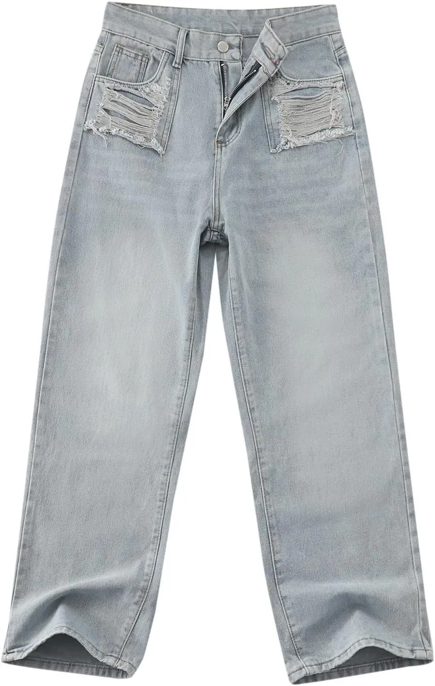 2024 Wide Leg Jeans for Women High Waist Stretchy Denim Capri Pants Fold Hem Cropped Baggy Denim Pants Trouser Jeans