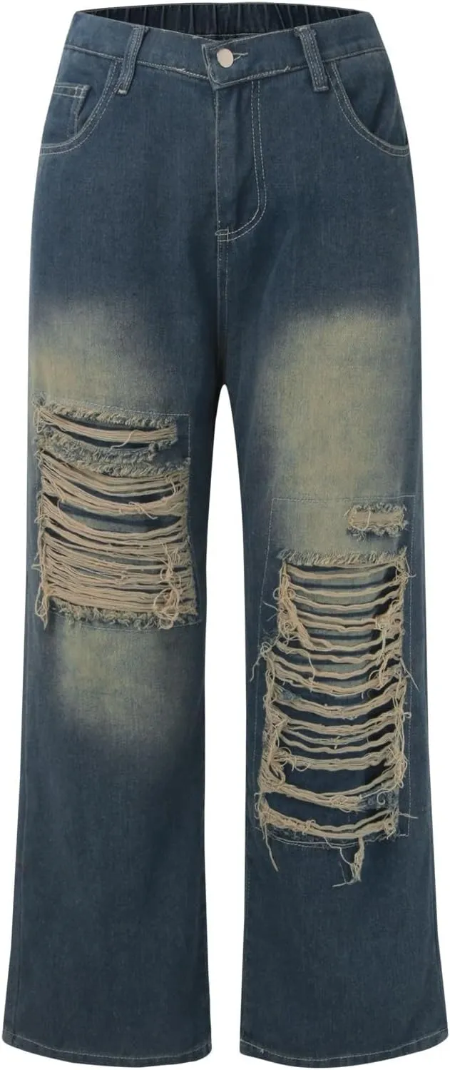 2024 Wide Leg Jeans for Women High Waist Stretchy Denim Capri Pants Fold Hem Cropped Baggy Denim Pants Trouser Jeans