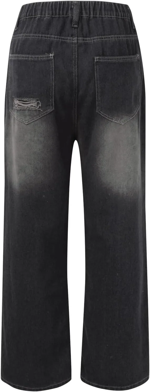 2024 Wide Leg Jeans for Women High Waist Stretchy Denim Capri Pants Fold Hem Cropped Baggy Denim Pants Trouser Jeans