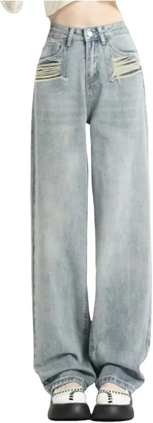 2024 Wide Leg Jeans for Women High Waist Stretchy Denim Capri Pants Fold Hem Cropped Baggy Denim Pants Trouser Jeans