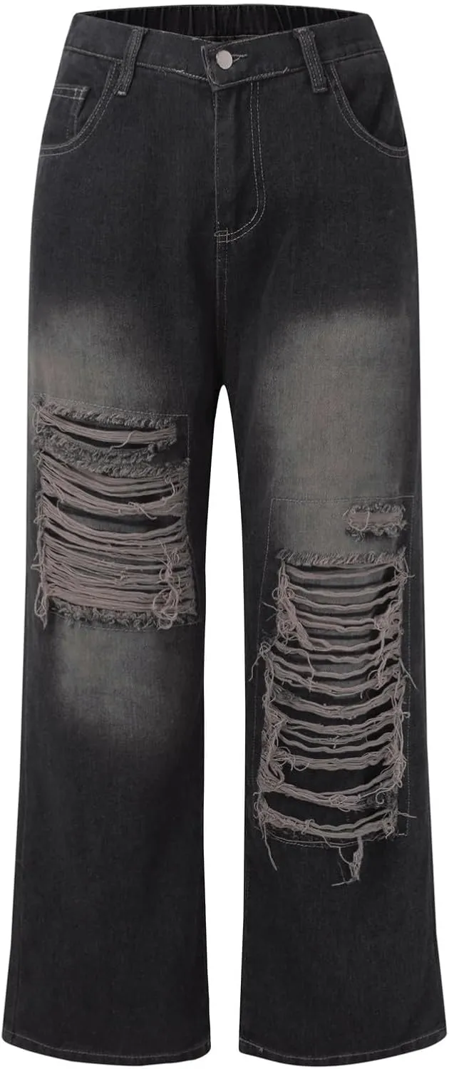 2024 Wide Leg Jeans for Women High Waist Stretchy Denim Capri Pants Fold Hem Cropped Baggy Denim Pants Trouser Jeans