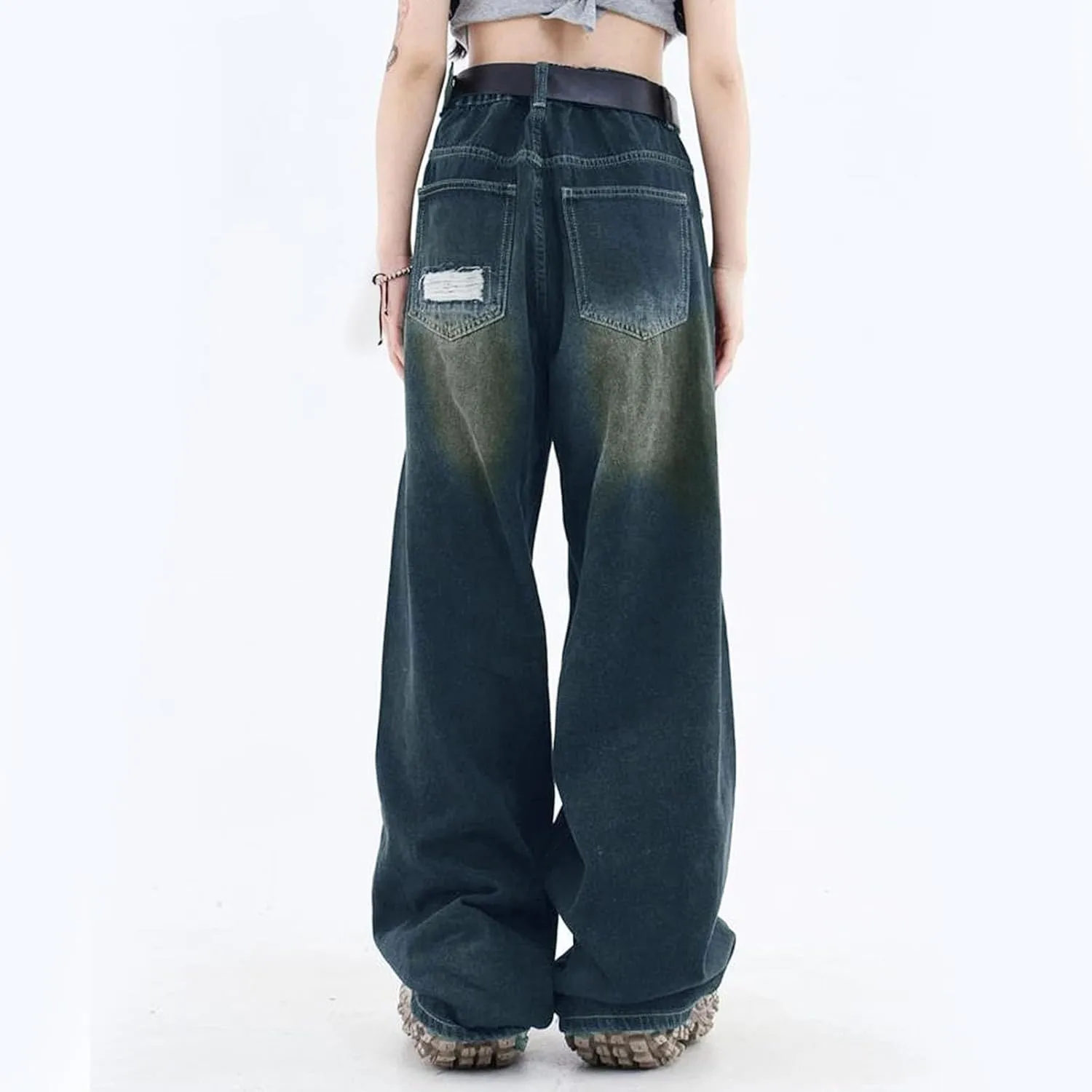 2024 Wide Leg Jeans for Women High Waist Stretchy Denim Capri Pants Fold Hem Cropped Baggy Denim Pants Trouser Jeans
