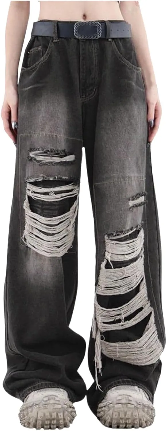 2024 Wide Leg Jeans for Women High Waist Stretchy Denim Capri Pants Fold Hem Cropped Baggy Denim Pants Trouser Jeans