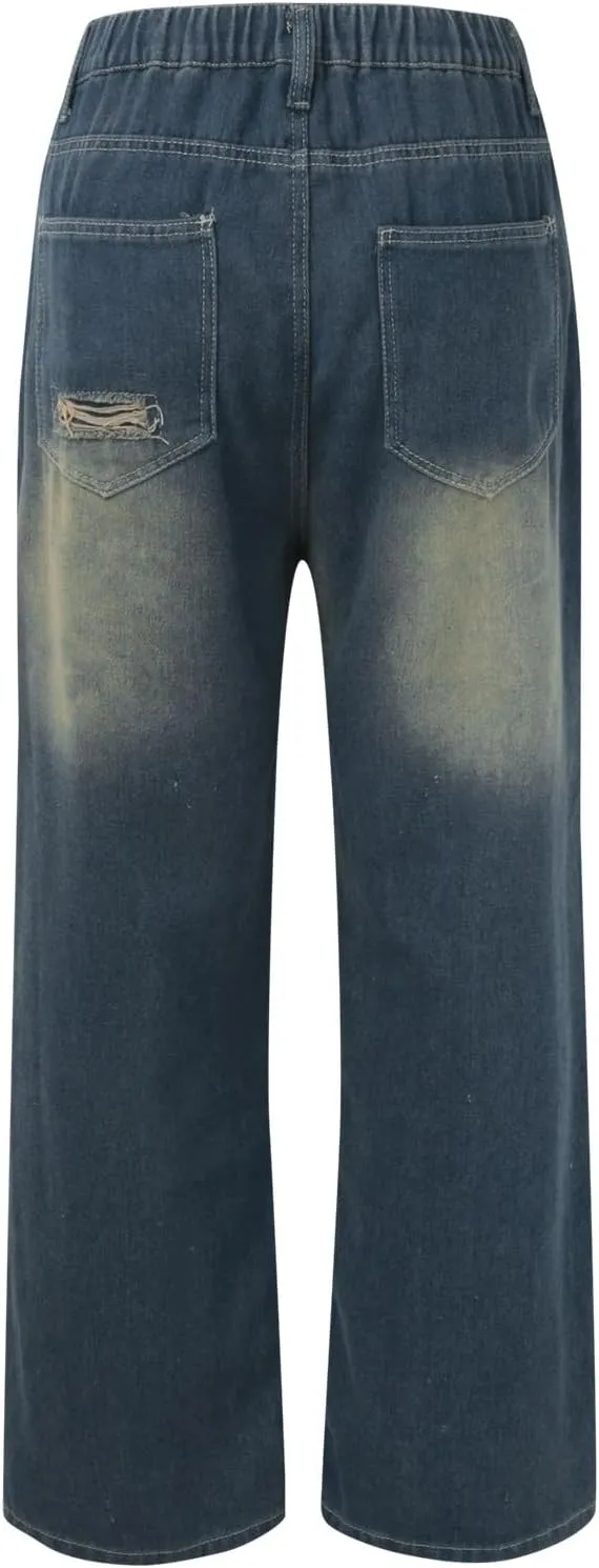 2024 Wide Leg Jeans for Women High Waist Stretchy Denim Capri Pants Fold Hem Cropped Baggy Denim Pants Trouser Jeans