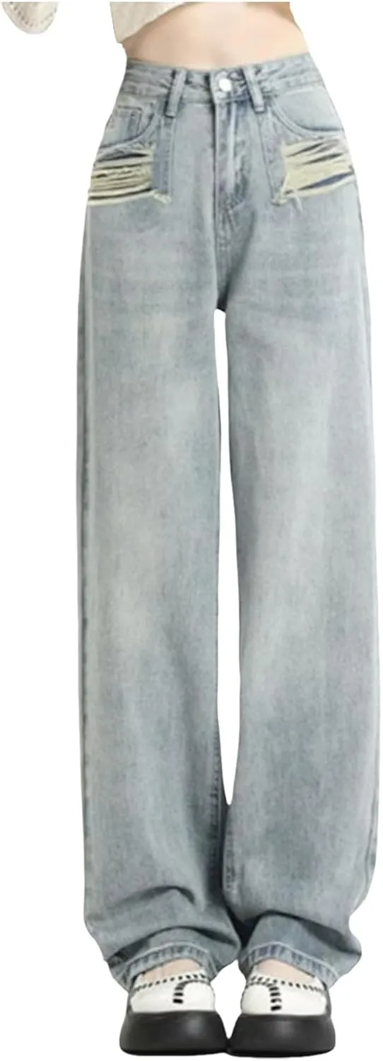 2024 Wide Leg Jeans for Women High Waist Stretchy Denim Capri Pants Fold Hem Cropped Baggy Denim Pants Trouser Jeans