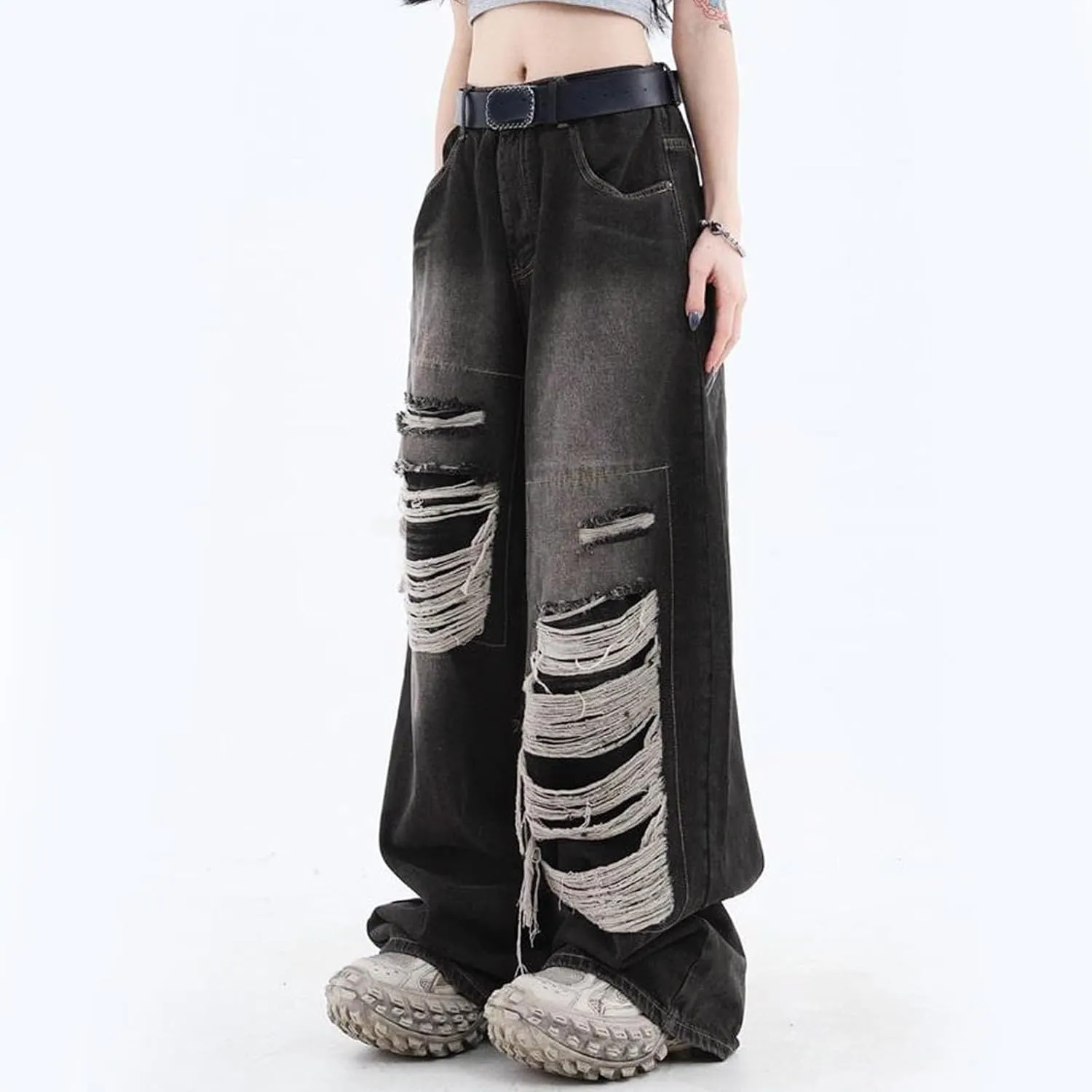 2024 Wide Leg Jeans for Women High Waist Stretchy Denim Capri Pants Fold Hem Cropped Baggy Denim Pants Trouser Jeans