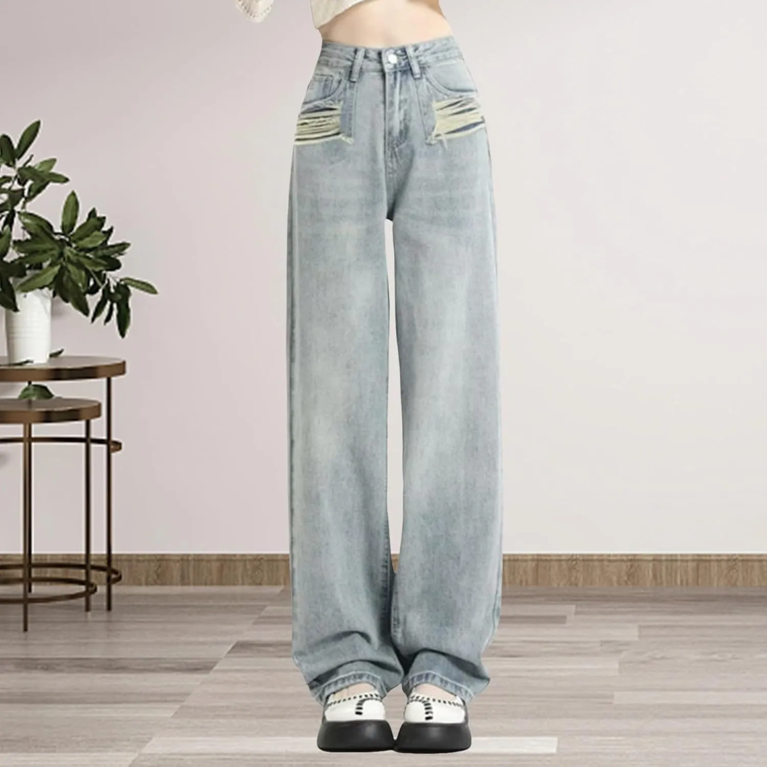 2024 Wide Leg Jeans for Women High Waist Stretchy Denim Capri Pants Fold Hem Cropped Baggy Denim Pants Trouser Jeans