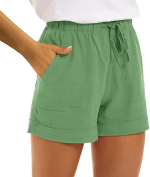 2024 Womens Linen Drawstring Shorts High Waisted Casual Loose Straight Leg Shorts Quick Dry Athletic Shorts with Pockets