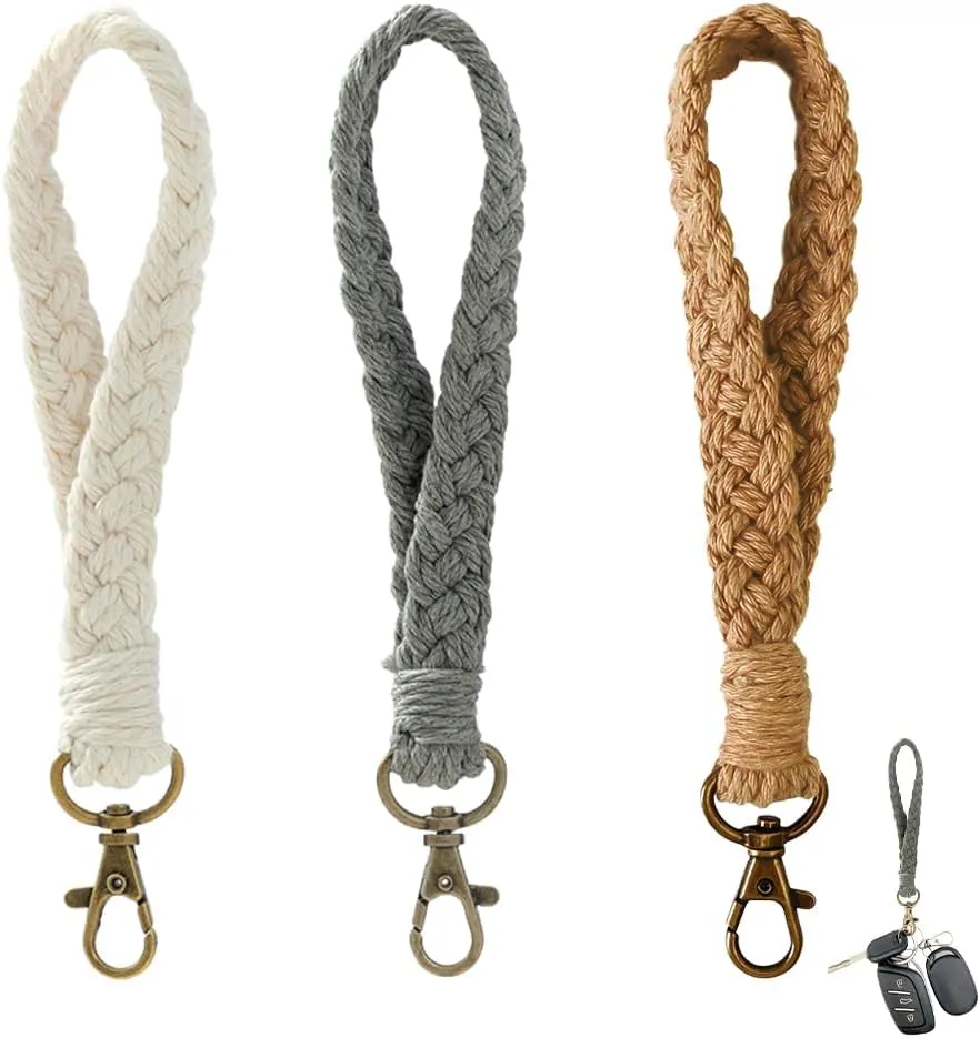 3 PCS Boho Macrame Keychain Bracelet Handmade Keyring Wristlet Soft Wrist Lanyard Keychain Holder for Women Man Phone Car Key Wallet Purse