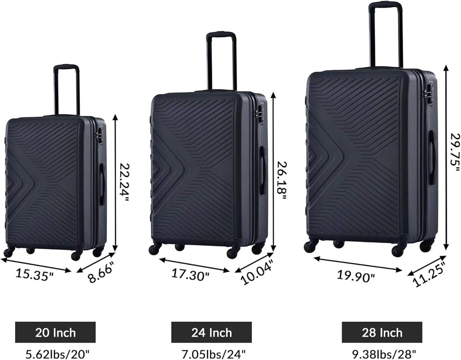 3-Piece ABS Hardshell Luggage Set (20"/24"/28") - Lightweight Spinner Suitcase w/TSA Lock & Organized Interior, Scratch-Resistant Carry-On & Check-In Luggage (Black)