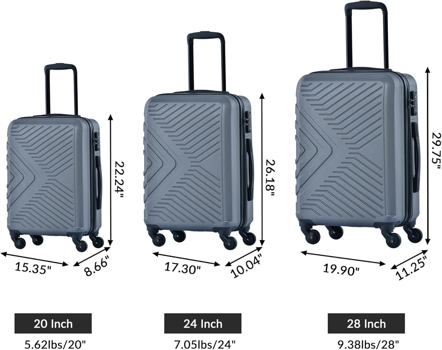 3-Piece ABS Hardshell Luggage Set (20"/24"/28") - Lightweight Spinner Suitcase w/TSA Lock & Organized Interior, Scratch-Resistant Carry-On & Check-In Luggage (Gray)