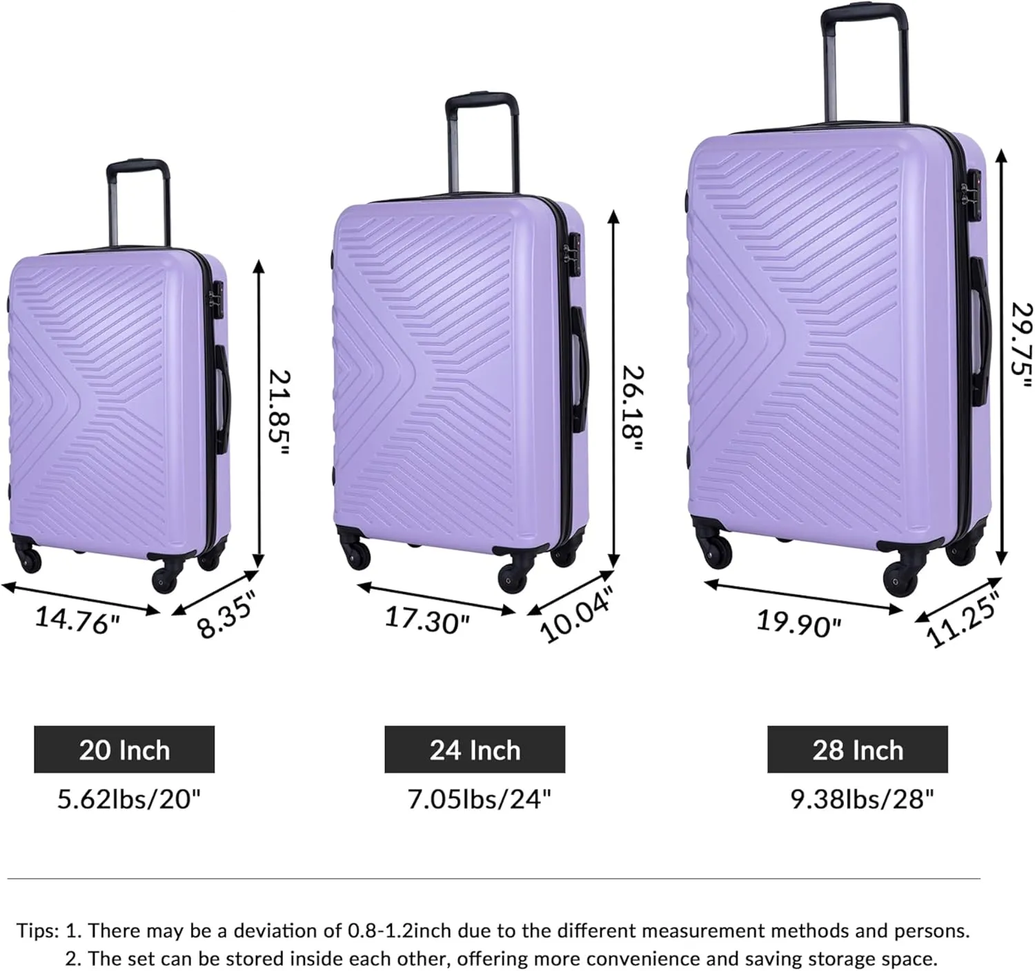 3-Piece ABS Hardshell Luggage Set (20"/24"/28") - Lightweight Spinner Suitcase w/TSA Lock & Organized Interior, Scratch-Resistant Carry-On & Check-In Luggage (Light Purple)
