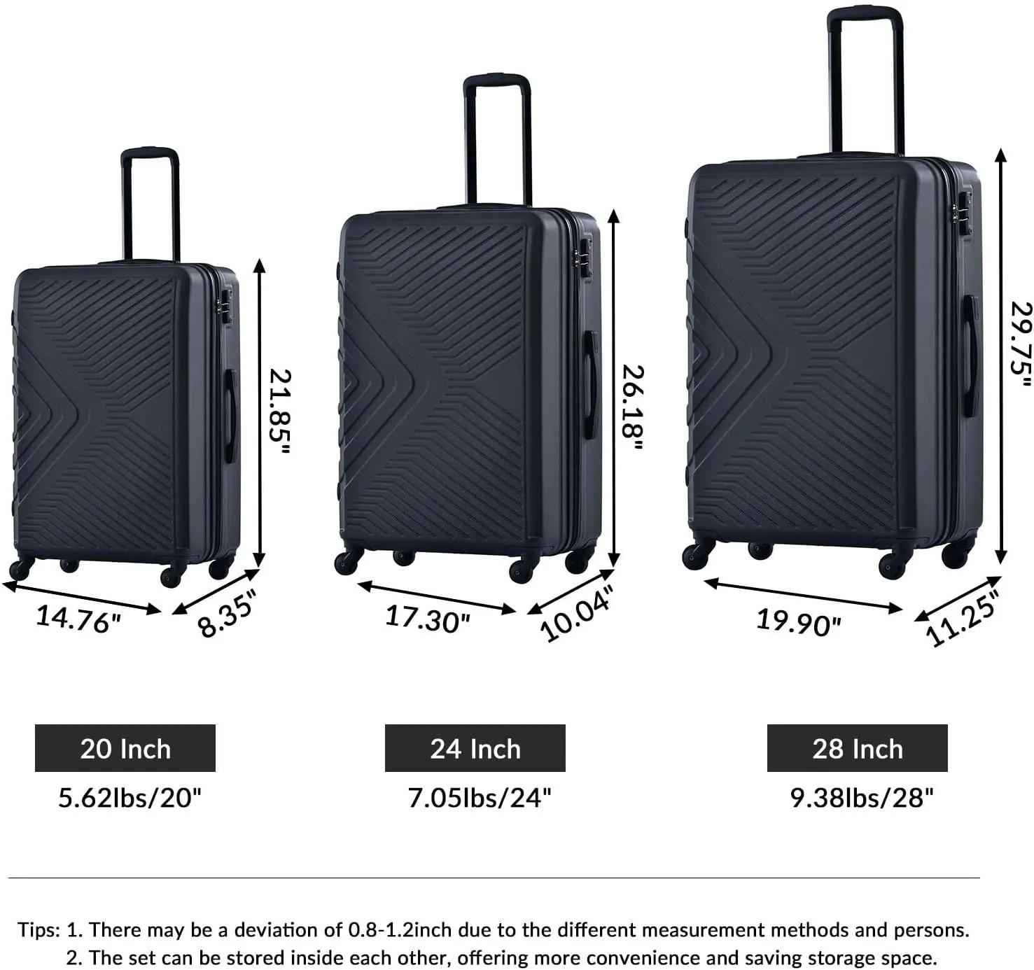 3-Piece Luggage Set - ABS Hard-Shell Suitcases with Spinner Wheels, TSA Lock, and Organized Interior (20"/24"/28"), Black
