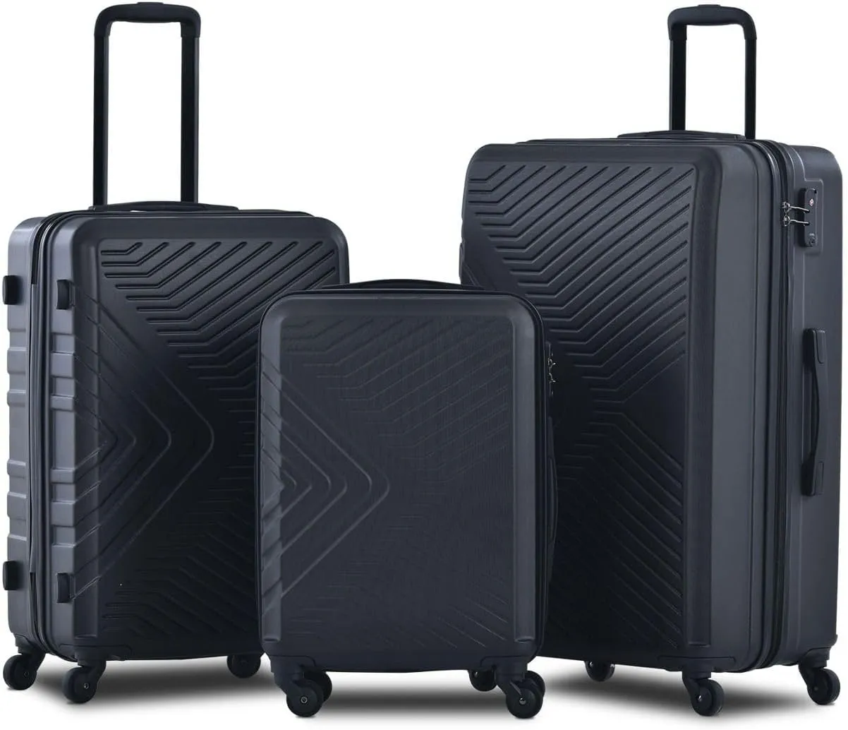 3-Piece Luggage Set - ABS Hard-Shell Suitcases with Spinner Wheels, TSA Lock, and Organized Interior (20"/24"/28"), Black