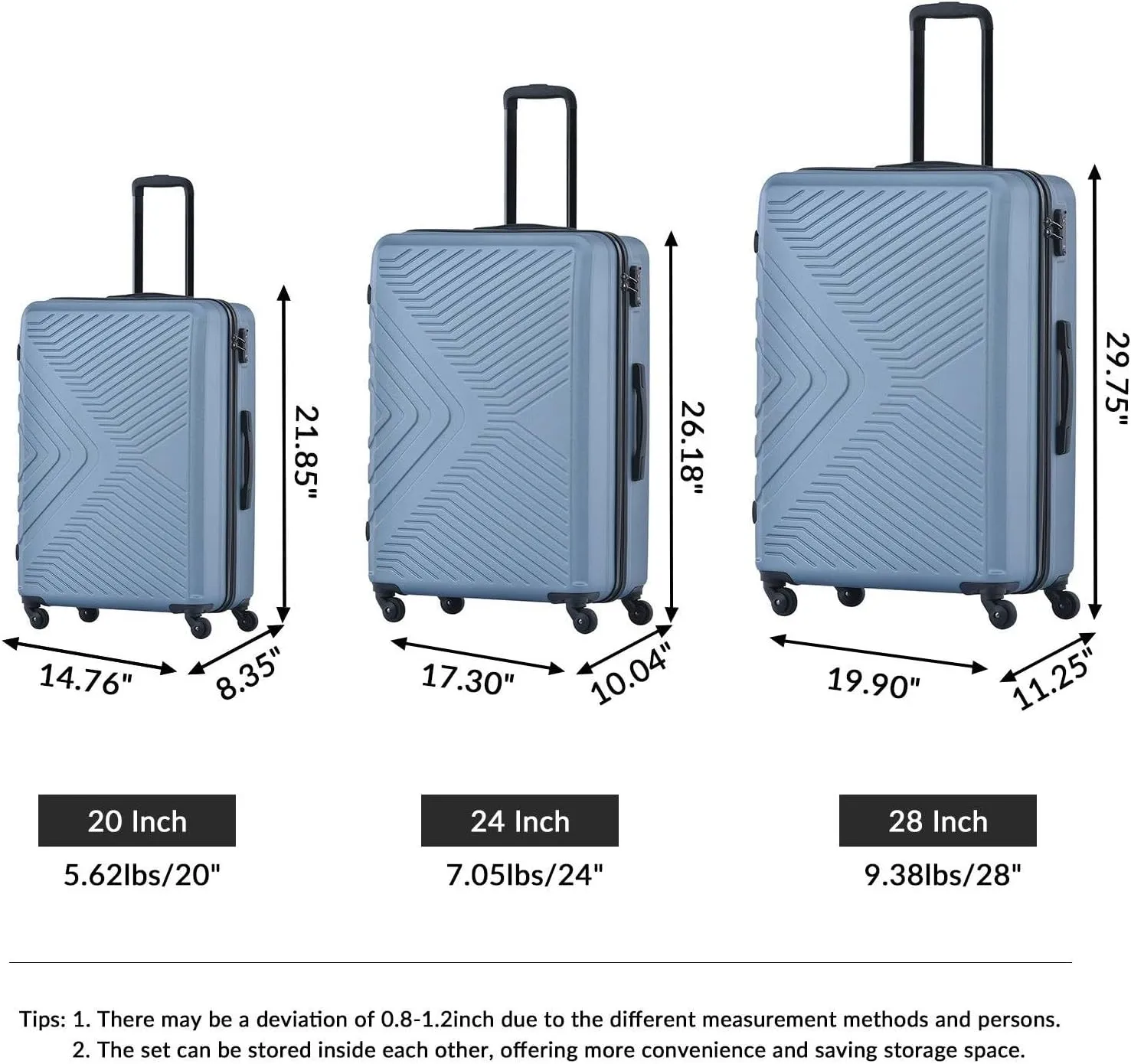 3-Piece Luggage Set - ABS Hard-Shell Suitcases with Spinner Wheels, TSA Lock, and Organized Interior (20"/24"/28"), Blue