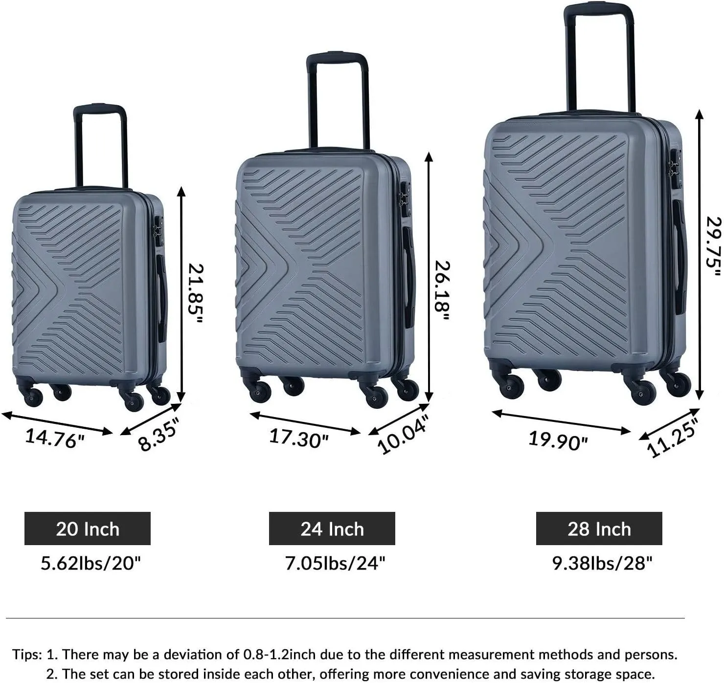 3-Piece Luggage Set - ABS Hard-Shell Suitcases with Spinner Wheels, TSA Lock, and Organized Interior (20"/24"/28"), Gray