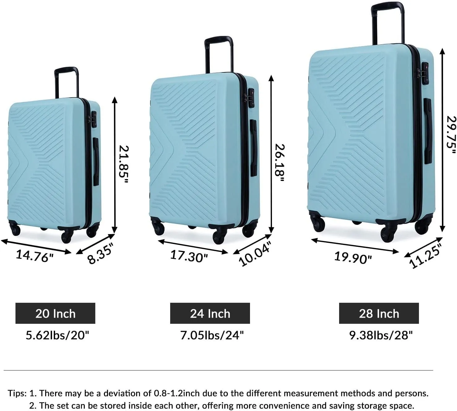 3-Piece Luggage Set - ABS Hard-Shell Suitcases with Spinner Wheels, TSA Lock, and Organized Interior (20"/24"/28"), Green
