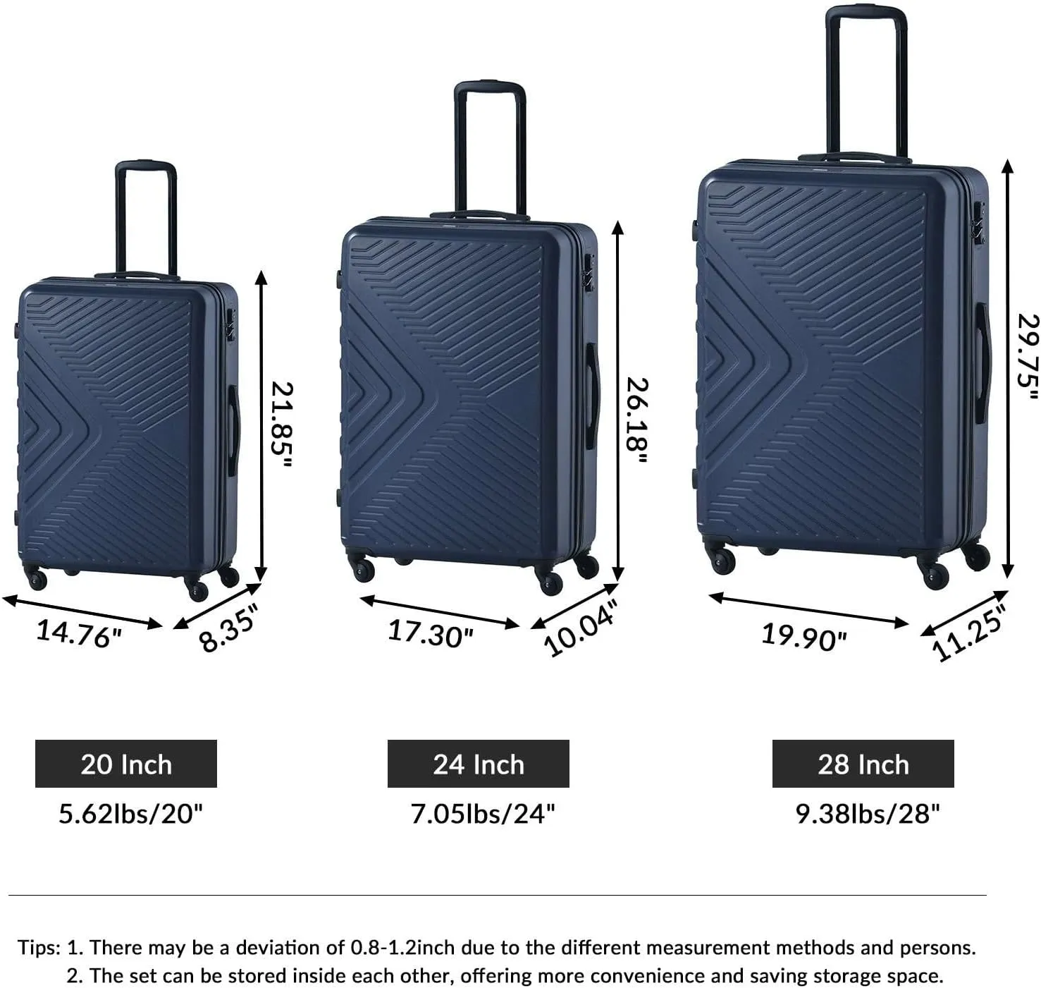 3-Piece Luggage Set - ABS Hard-Shell Suitcases with Spinner Wheels, TSA Lock, and Organized Interior (20"/24"/28"), Navy