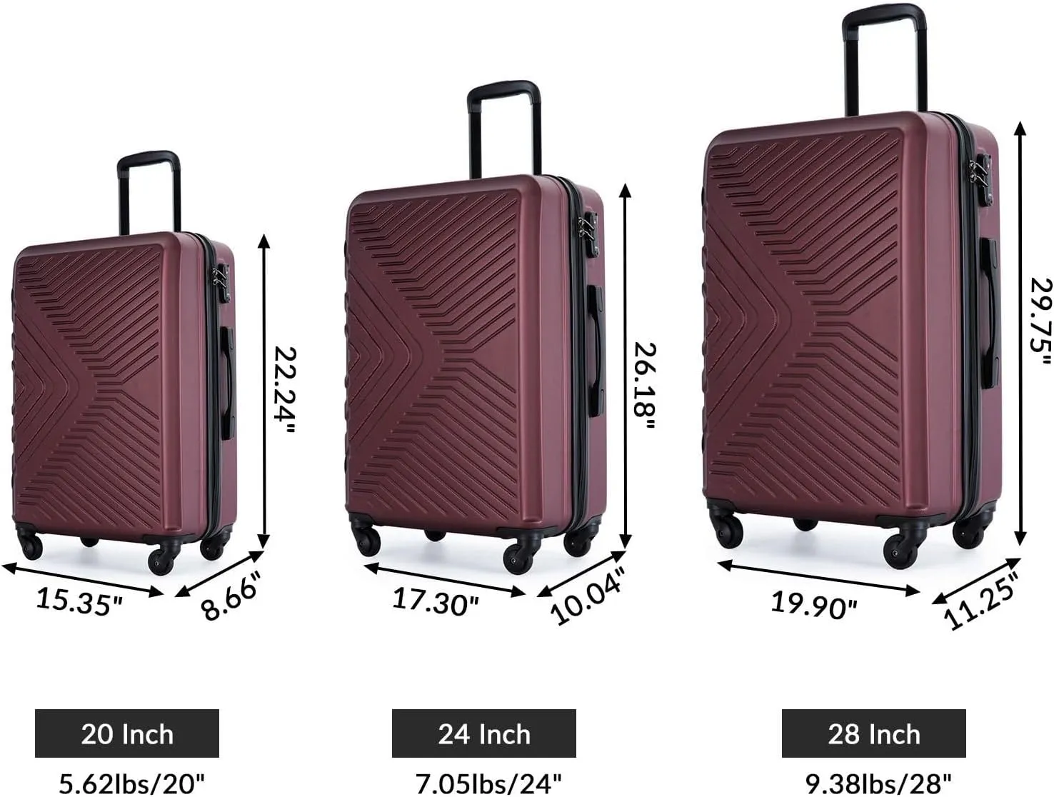 3-Piece Luggage Set - ABS Hard-Shell Suitcases with Spinner Wheels, TSA Lock, and Organized Interior (20"/24"/28"), Red