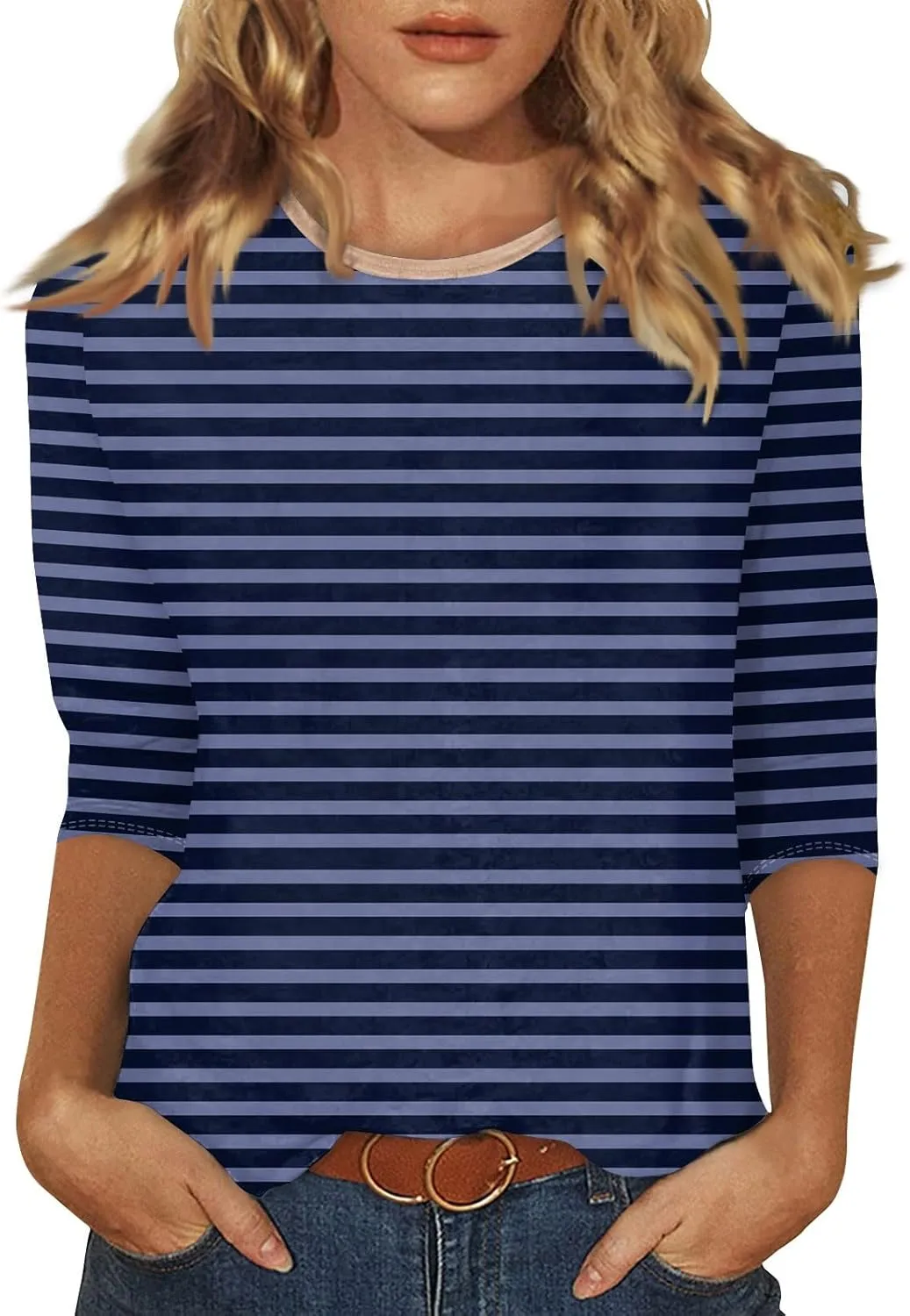 3/4 Length Sleeve Womens Tops Summer Three Quarter Striped Shirts Dressy Casual Printed Tunic Tops Women Blouses