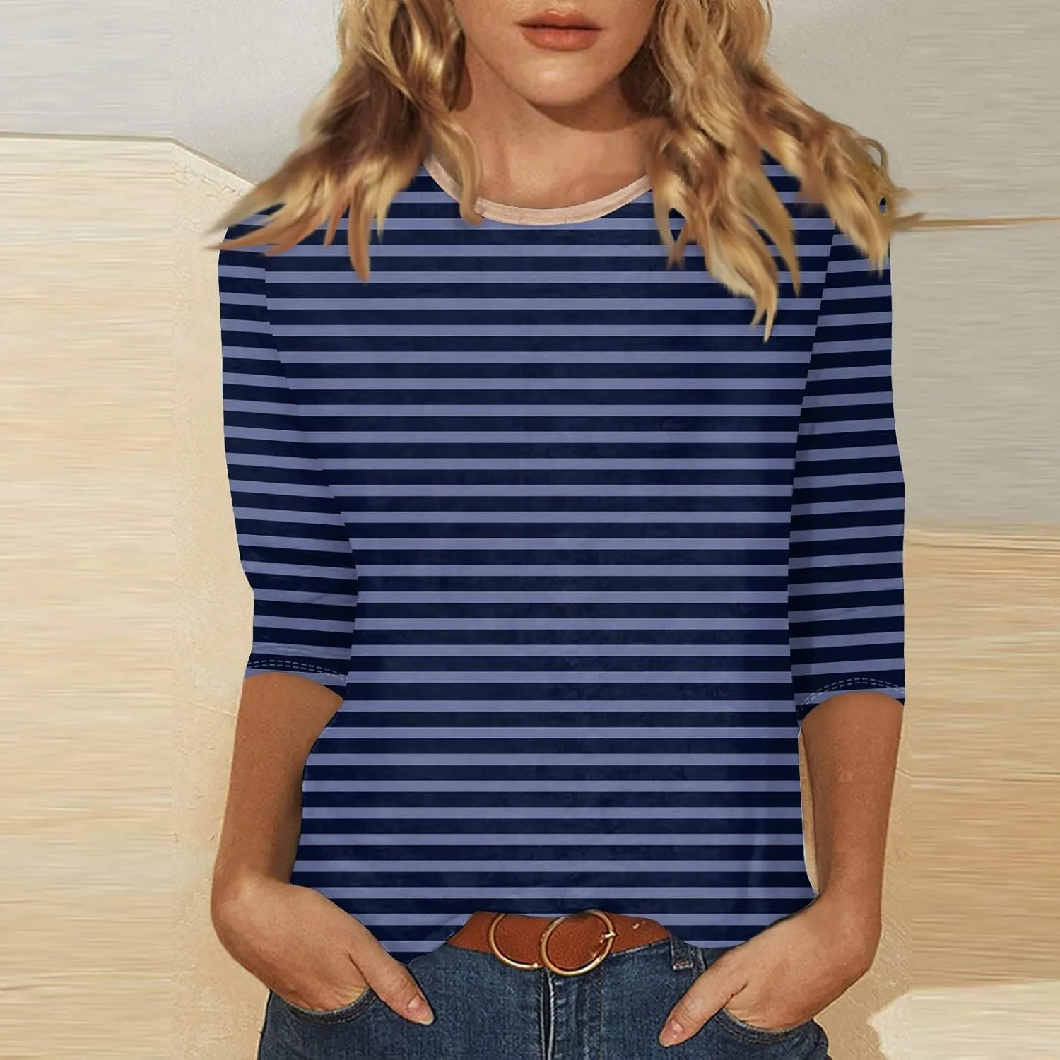 3/4 Length Sleeve Womens Tops Summer Three Quarter Striped Shirts Dressy Casual Printed Tunic Tops Women Blouses