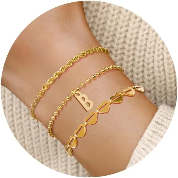 3PCS Gold Initial Bracelets for Women Gold Charm Plated Bracelet Stack Stackable 14k Gold Letter Chain Heart Bracelet Women Gold Jewelry Beaded Bracelet Gifts