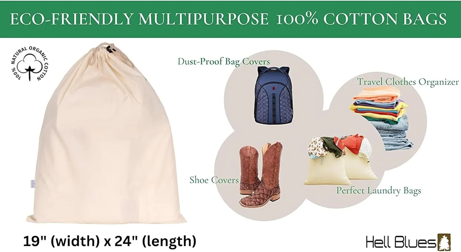 4-Pack Cotton Large Drawstring Pouches 19" x 24" Muslin Grocery Home storage Luggage Organizer Storage Dust-Proof Bags Cover for Shoes, Handbags, Backpacks