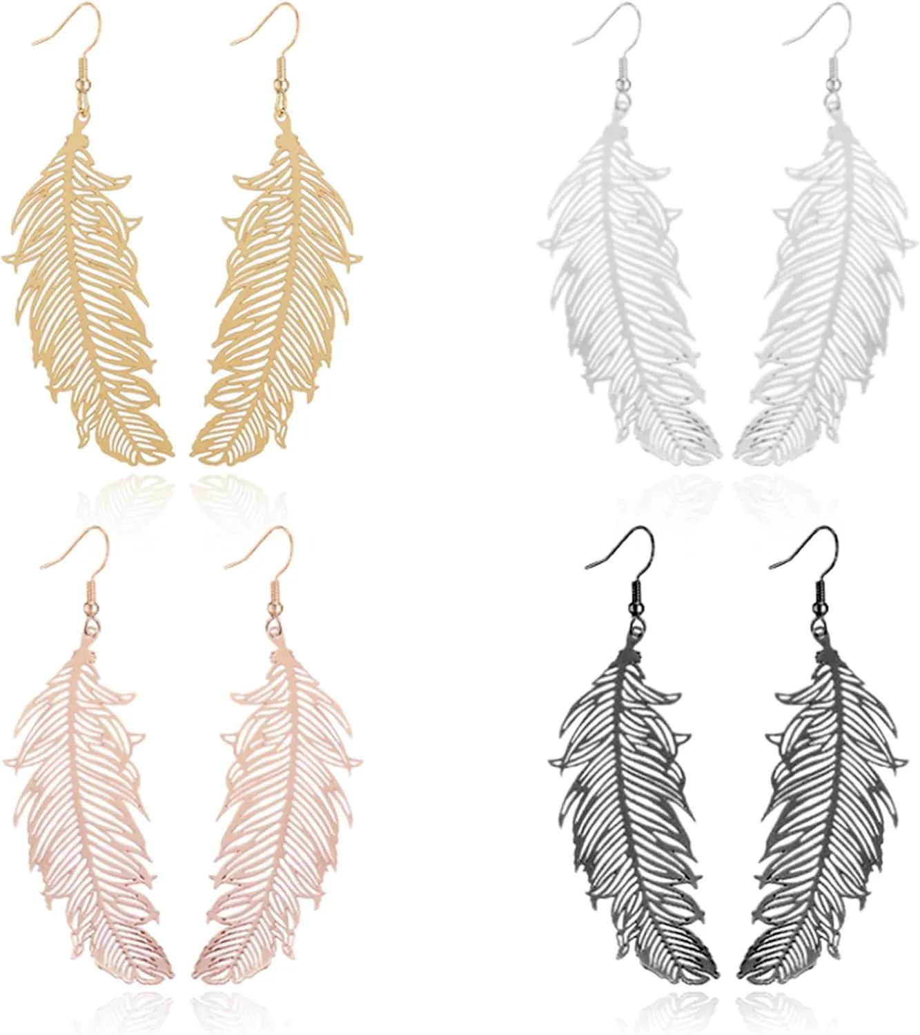 4 Pairs Boho Feather Earrings for Women 14K Gold Plated Long Feather Earrings Gold Leaf Earrings Summer Beach Jewelry Gifts