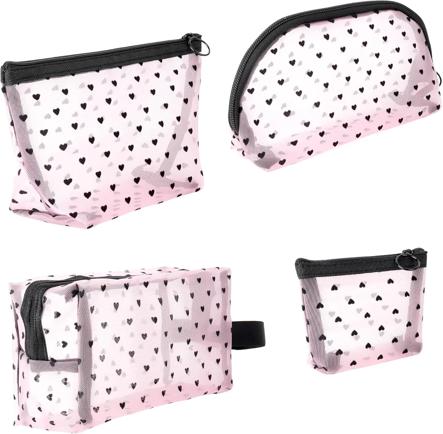4 Pieces Mesh Cosmetic Bags Set, Portable Travel Mesh Makeup Bag, Heart Pattern Zipper Pouch Toiletry Bag for Women Girls (Pink)
