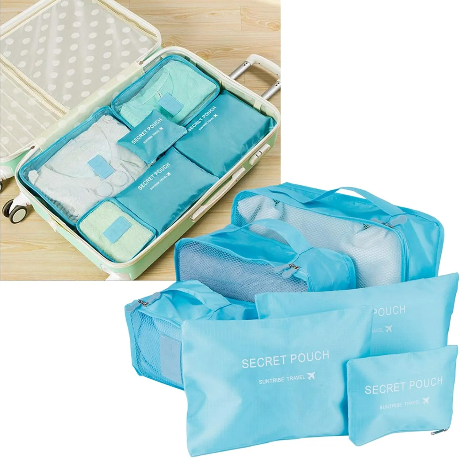 6pcs Luggage Organizer Bags, Nylon Cloth Packing Cubes for Travel Travel Organizer Bags Travel Compression Bags Traveling Bags for Women, Travel (Blue)